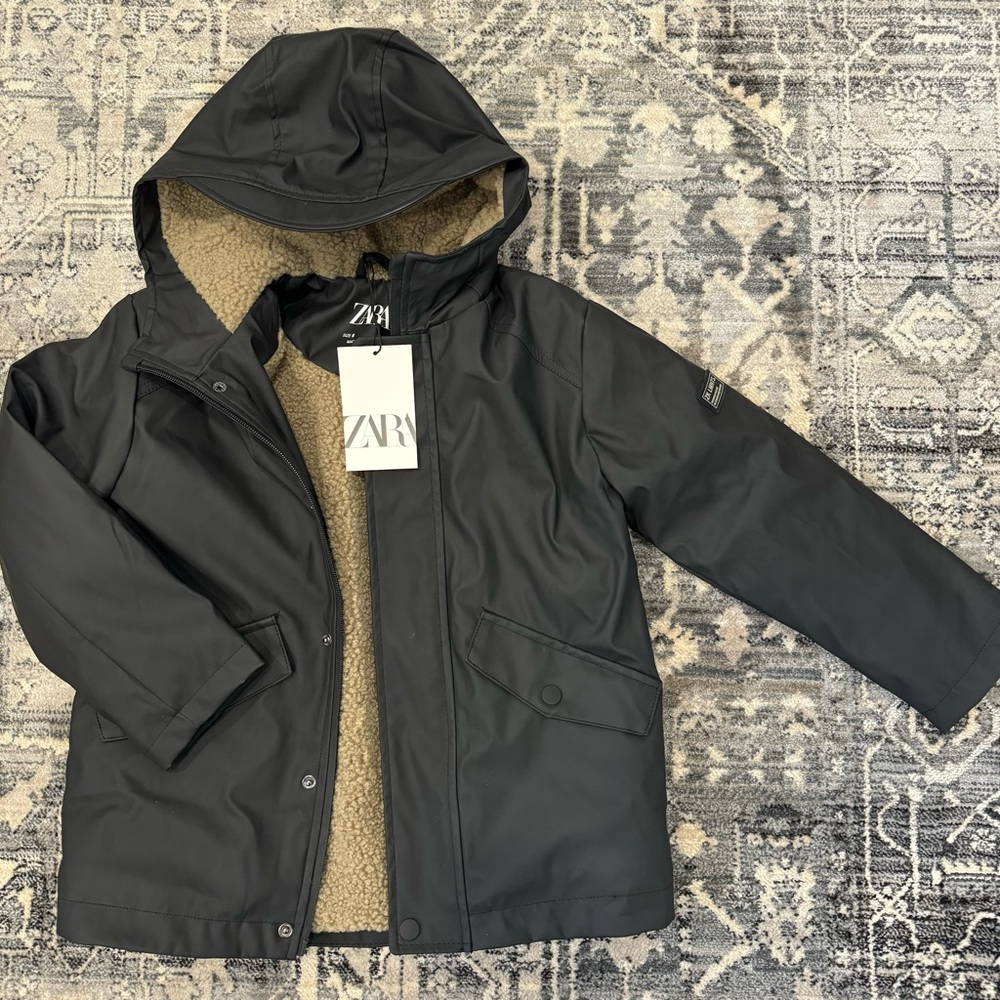 Zara Kids Black Hooded Teddy Lined Jacket